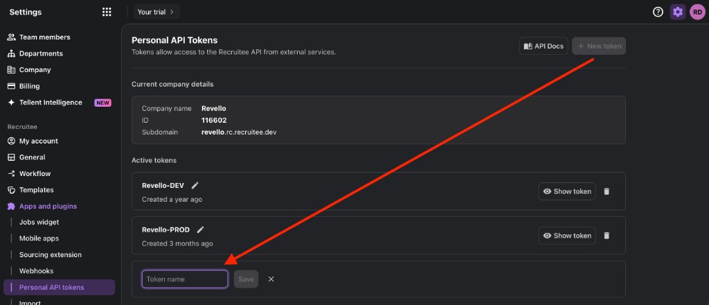 Recruitee Settings showing Apps and plugins, Personal API tokens, and creating a new token