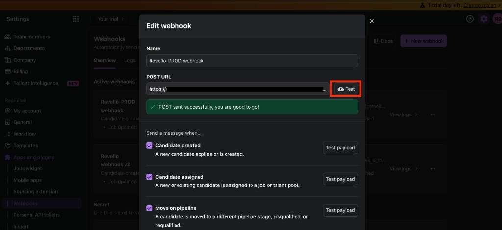 Recruitee Edit webhook dialog with Test button and successful POST confirmation