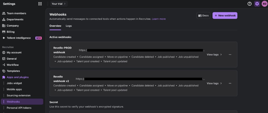 Recruitee Webhooks overview with active webhooks and New webhook button